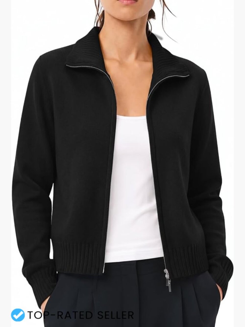 Zip Up Cardigan Sweaters for Women Open Front Cropped Knit Jacket Mock Neck